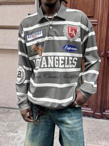 AXEPEAK 男士数码印花宽松针织长袖 Polo 衫 - 灰色 - 查看 1