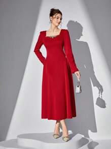 Poshira Women's Square Neckline Puff Sleeve Ruffled Midi Dress - Red - View 6