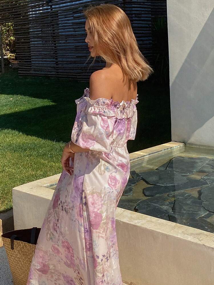 Holiday Beach Floral Print Maxi A-Line Off Shoulder Ruffle Splice Women Dress Sundress Boho