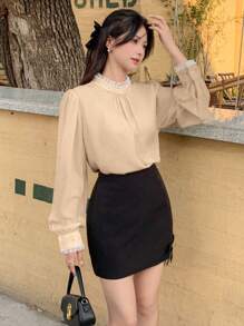 DAZY Women Faux Pearl Embellished Mock Neck Casual Blouse,Fall Clothes Long Sleeve Top