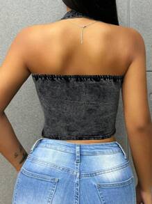 SHEIN Tall Women's Denim Tank Top, Sexy Ruched Halter Backless, Blue Tall Women Tall Women Summer Tops Tube Top Crop Tops Going Out Tops Black Top Concert Women Tall Women