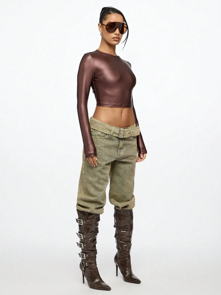 SUMWON WOMEN Metaliczny, dopasowany, elastyczny top z długim rękawem i golfem