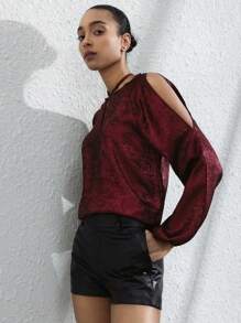 SHEIN Privé 时尚安哥拉红色高端设计优雅奢华复古休闲百搭交叉带长袖衬衫 - 紅色 - 查看 3