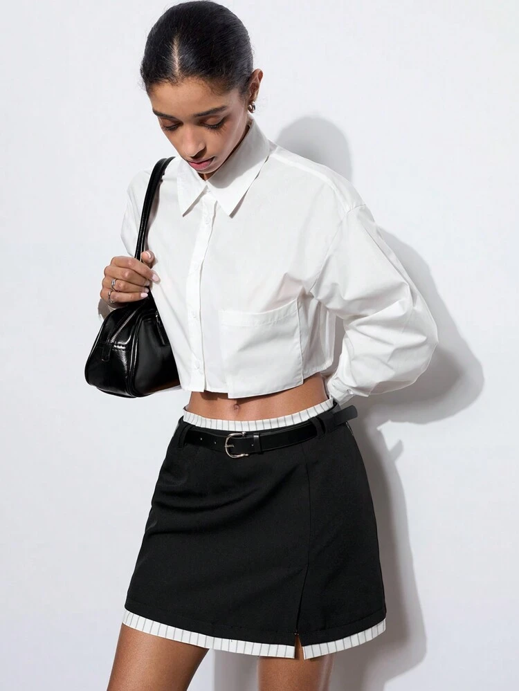 SHEIN Maija Women's Black Summer Waistband And Hem Striped Fabric Front Side Slit Back Elastic Waist Fashion Versatile Daily Casual A-Line Short Skirt Going Out Outfits