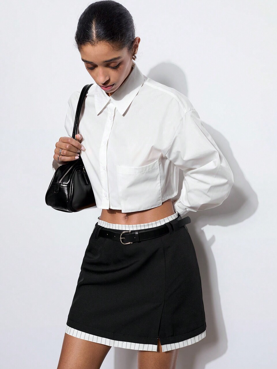SHEIN Maija Women's Black Summer Waistband And Hem Striped Fabric Front Side Slit Back Elastic Waist Fashion Versatile Daily Casual A-Line Skirt Going Out