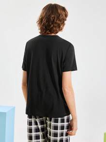 Men's Letter Print Crew Neck Short Sleeve Pajama Top - Black - View 2