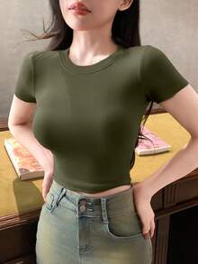 DAZY Women Solid Color Short Sleeve T-Shirt, Minimalist Fashion Casual Everyday Wear - Army Green - View 4