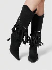 ROMWE Grunge Punk Women's Fringe Pointed Toe Western Boots, High Heel Fashion Mid-Calf Cowboy Boots - Black - View 1
