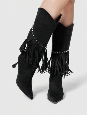 Grunge Punk Women's Fringe Pointed Toe Western Boots, High Heel Fashion Mid-Calf Cowboy Boots