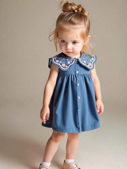 SHEIN Playful Pals 女婴幼儿优雅时尚刺绣彼得潘领无袖 A 字裙，适合春夏季外出、拍照、聚会、旅行或日常穿着