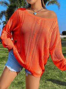 Flirla 1pc Women Plus Size Solid Color Drop Shoulder Long Sleeve Pullover Sweater, Autumn/Winter Knit Pullover Fall - Orange - View 3