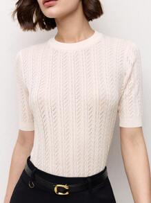 BizChic Women's Openwork White Hollow Round Neck Textured Knit Sweater Top, Spring/Summer - Apricot - View 4