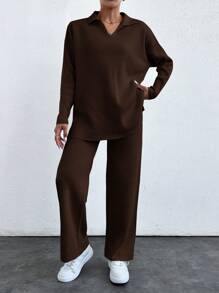 SHEIN PETITE 2pcs/Set Solid Color Turn-Down Collar Sweater And Long Pants Outfit