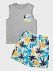Manfinity RSRT Men's Palm Tree Graphic Pocket Top And Shorts Set Men Tropical Two Pieces Set Summer Sets For Men - Light Grey - View 5