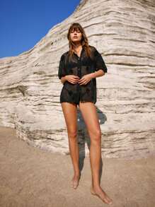 Maija Women's Summer Beach Vacation 3D Floral Decorative Crochet Knit Collared Short Sleeve Beach Cover-Up - Black - View 5