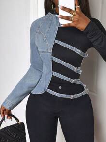 SHEIN Slayr Áo cánh denim dài tay trang trí kim loại cho nữ, đi nghỉ thường ngày - Màu xanh lam - Xem 4