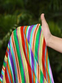 Slaydiva Women's New Vacation Casual Colorful Striped Knit Drawstring High Slit Dress - Multicolor - View 12