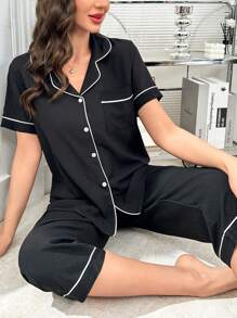 女士泡泡雪纺翻领纽扣睡衣套装 - 黑色 - 查看 1