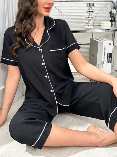 女士泡泡雪纺翻领纽扣睡衣套装