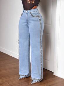 Slaydiva 女式前扣口袋休闲牛仔裤，简约设计，适合日常穿着 - 藍色 - 查看 6