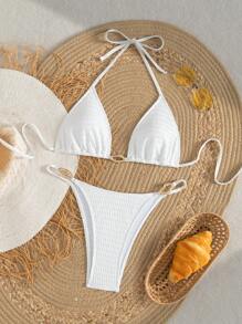 SHEIN Swim Springbreak Textured Fabric Halter Sexy Bikini 2 Pieces Set, Metal Decor Beach Vacation Casual Refreshing Pool Party Swimwear For Women - White - View 2