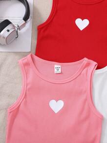 SHEIN 3pcs/Set Tween Girls' Solid Color Knit Heart Pattern Ribbed Tank Tops, School, Campus, College - Multicolor - View 5
