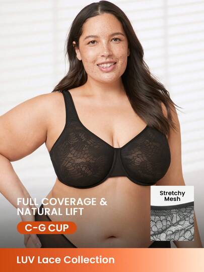 LUVLETTE Plus Black Lingerie Lounge Curve Full Coverage Support&Breathable Underwire Sheer Sexy Unlined Airy Lace Elegance Breezy Comfort Minimizer Bra