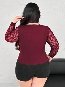 SHEIN MOOSTA Plus Size Slim Fit Solid Color Lace Patchwork Long Sleeve T-Shirt Fall Cloth For Women