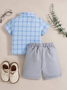 SHEIN Baby Boys Summer New Fashion Simple Plaid Lapel Short Sleeve Shirt With Open Front Placket, Casual Grey Shorts 2 Pieces Outfit, Gentleman Style Handsome Everyday Versatile Set - Blue - View 2