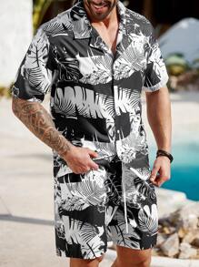 ResortEase Plus Size Men's Tropical Print Short Sleeve Shirt & Shorts 2 Pieces Set, Casual Resort Wear