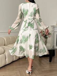 DAZY Tie-Waist V-Neck Lantern Sleeve Floral Midi Dress For Women,Fall Dress Long Sleeve Dress