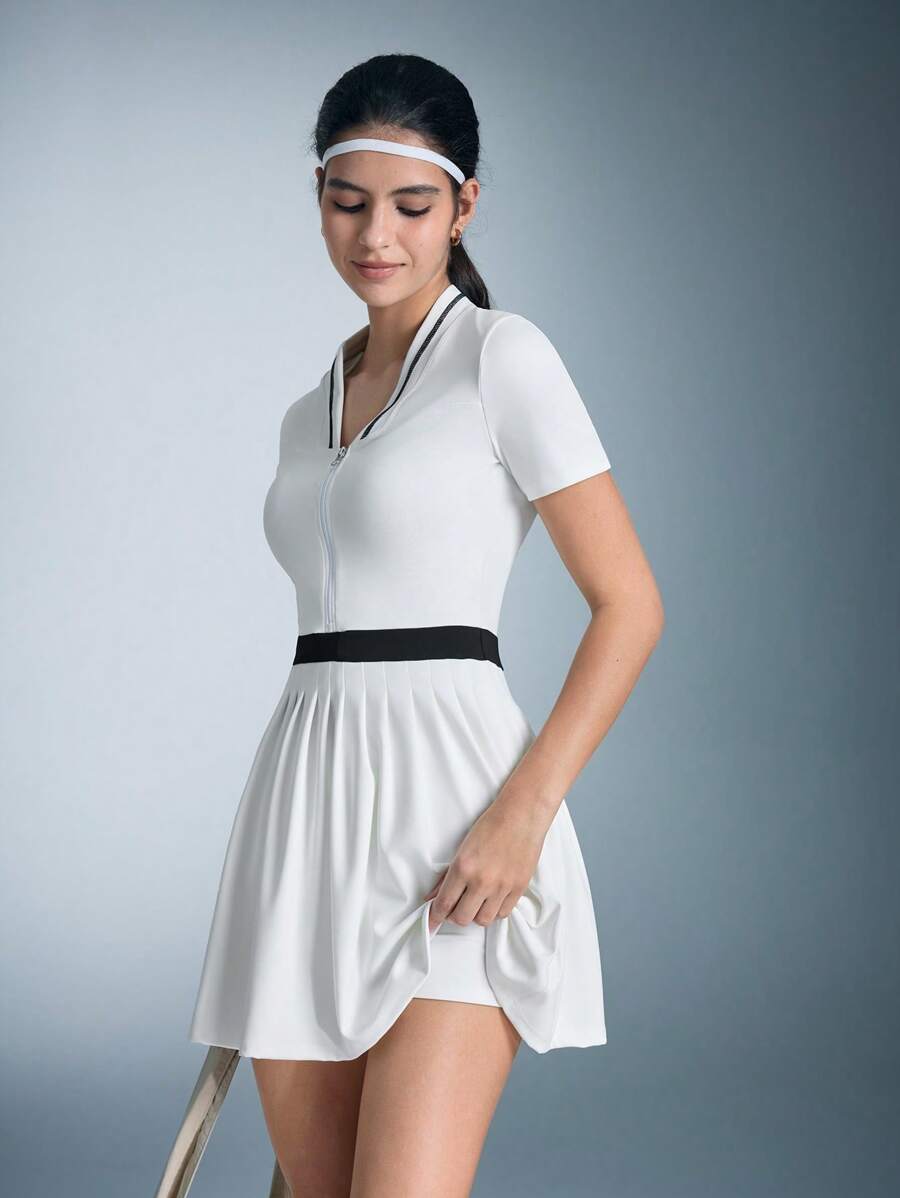 CourtClass 撞色短袖褶边户外运动休闲女装运动连衣裙 - 白色 - 查看 1