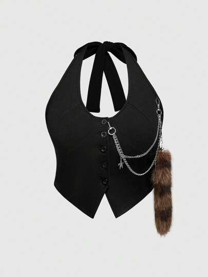 Grunge Punk Plus Size Women Summer Punk Street Chain Decor Vest, With Raccoon Charm Accessory