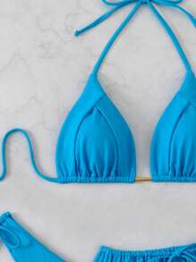 SHEIN Swim Frauen Frühlingsfest Einfarbig Träger Top ohne Bügel, Binden Bikinishorts & Badeshorts 3-teiliges Festival Boho Bademode Set, Sommer Urlaub Sport - Blau - Übersicht 7