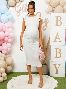 Loomaby Pregnant Women Elegant Solid Color Textured Cap Sleeve Dress - White - View 7