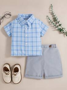 SHEIN Baby Boys Summer New Fashion Simple Plaid Lapel Short Sleeve Shirt With Open Front Placket, Casual Grey Shorts 2 Pieces Outfit, Gentleman Style Handsome Everyday Versatile Set - Blue - View 1