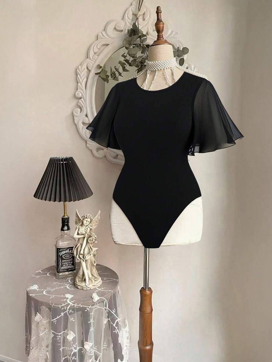 Sweetra Women's Casual Chiffon Ruffle Sleeve Bodysuit - Black - View 1