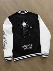 Manfinity Campus Court Áo khoác bóng chày dài tay đơn giản in họa tiết hàng ngày dành cho nam, Áo khoác bóng chày phối màu thời trang đi chơi, Quà tặng cho bạn bè, chồng, bạn trai, Mùa thu - màu đen - Xem 2