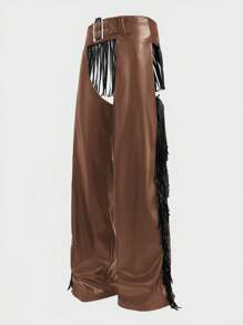 FeverCity Men's Patchwork Tassel Grommet Design Wide Leg Pants - Brown - View 1