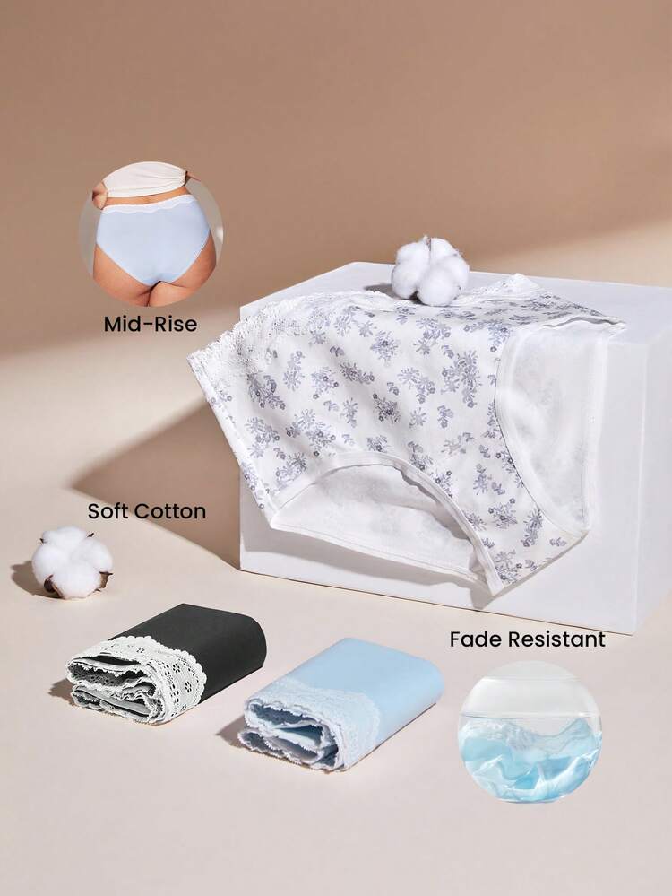 Plus 3-Pack Cotton Lace Trim Mid-Waist Briefs