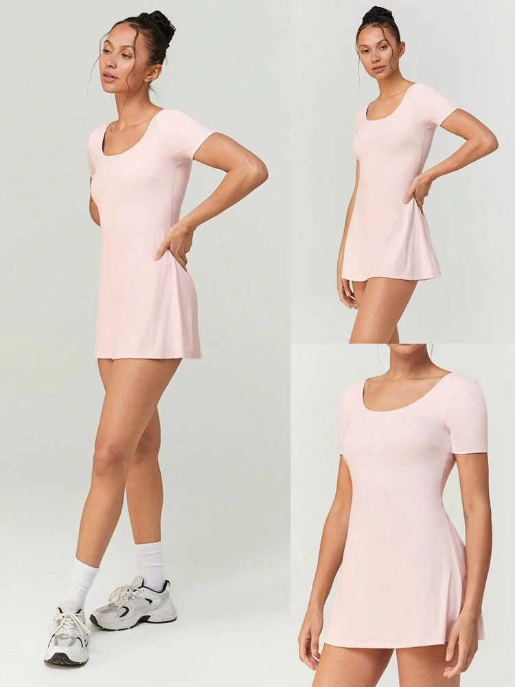 FeatherFit™-Air Keep It Short Sleeve U Back Active A-Line Peekaboo Dress With Built-In Shorts Low Impact Yoga Pilates Daily Removable Cups Spring Summer