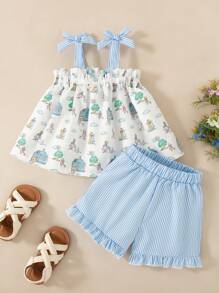 SHEIN Set de 2 piezas con top corto sin mangas holgado con estampado de moño y shorts con puños a rayas para niña, conjunto casual de verano - Multicolor - Ver 2