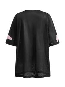 SHEIN Tween Girl Knit Mesh Numeric & English Letter Print Loose Dropped Shoulder Pullover T-Shirt, Suitable For Back To School, Sports Event, Fashion Streetwear