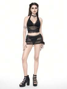 ROMWE Bộ bikini hở lưng trơn phong cách phù thủy Goth kèm áo lưới lấp lánh và chân váy, kỳ nghỉ hè trên bãi biển, Halloween - màu đen - Xem 2