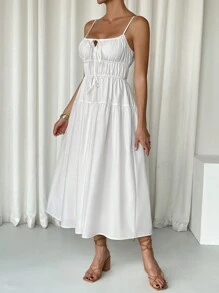 SHEIN Essnce 1pc Women's Mid-Length Solid Color Strap Simple Fashion Casual Everyday Dress - White - View 7