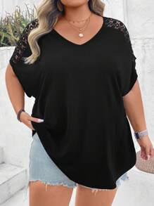 SHEIN CURVE+ Plus Contrast Lace Dolman Sleeve Tee Boho Vacation - Black - View 5