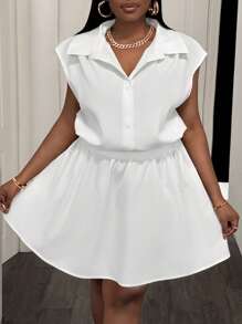 Slaydiva Ensemble 2 pièces grande taille femme - Blouse ajustée sans manches blanche unie avec col froncé et ourlet avec cordon, et mini-jupe trapèze froncée à la taille, casual, printemps/été