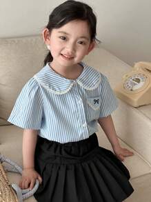 Dazy Kids 女孩条纹纽扣衬衫 - 藍白色 - 查看 2