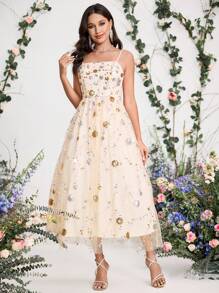 Coutiva 女士亮片花卉网眼吊带优雅舞会礼服、婚礼宾客礼服、适合音乐节春/夏、派对礼服、舞会礼服 - 杏色 - 查看 7