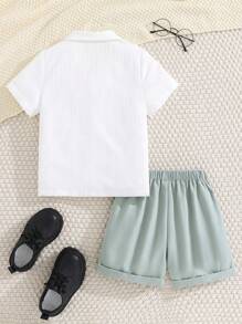 2pcs/Set Young Boys Casual School Style Short Sleeve Shirt And Elastic Waist Solid Color Shorts Outfit, Suitable For Spring, Summer And Autumn